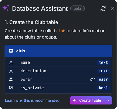 Database Copilot recommendation to create a club table, including proposed fields and types
