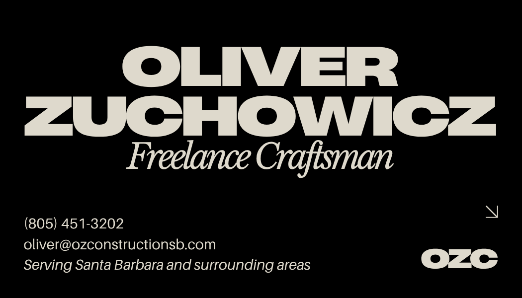 OZ Construction business card back, listing Oliver Zuchowicz, freelance craftsman, with contact details