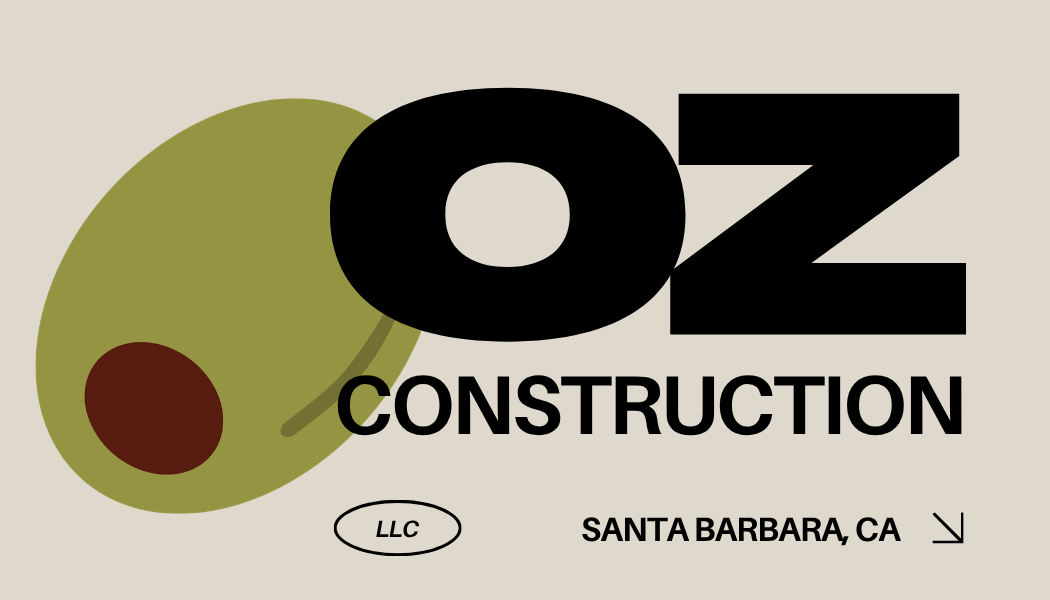 OZ Construction business card front, with an olive logo mark and the company name