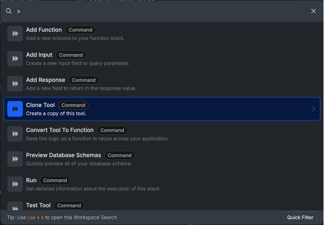 Workspace Search filtered to shortcut commands like Add Function, Clone Tool, and Preview Database Schemas
