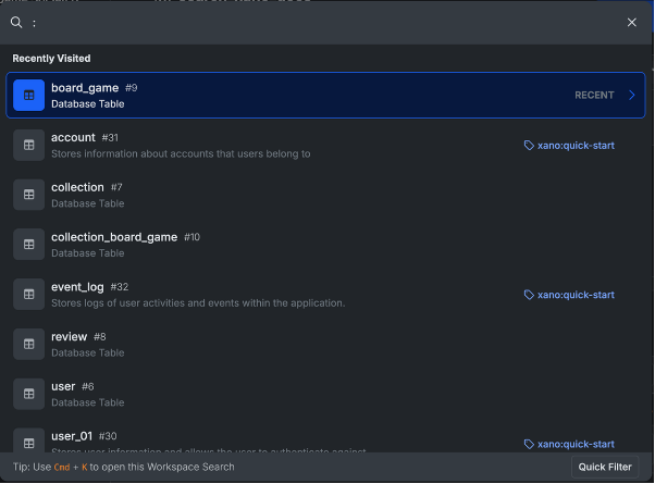 Workspace Search command palette open to Recently Visited, showing database tables and quick tags