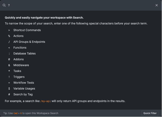Workspace Search ? mode listing special-character prefixes for commands, actions, functions, database tables, and more