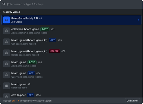 Workspace Search command palette showing recently visited pages and quick actions